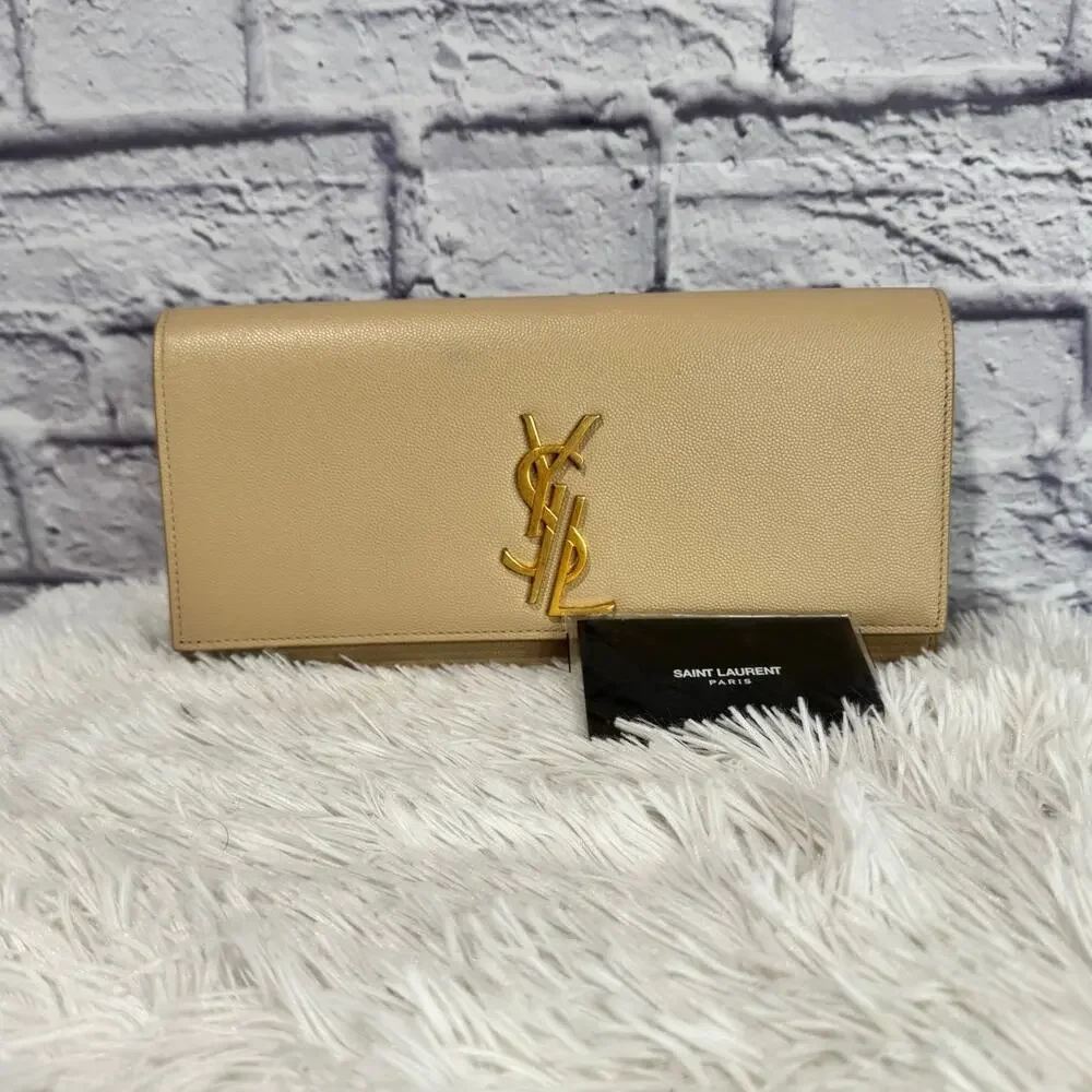 SAINT LAURENT Kate Monogram Clutch Tan